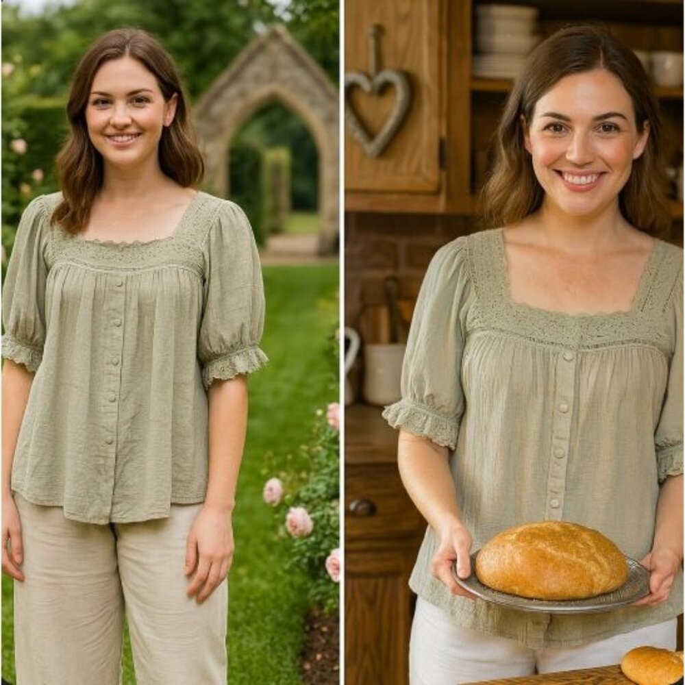 Easel Top Sage Med Boho Peasant Core Cottage Core Eyelet Soft Feminine Style